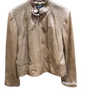 Pamela McCoy Beige Brown 100% Leather Grommets Full Zip Moto Jacket Sz L